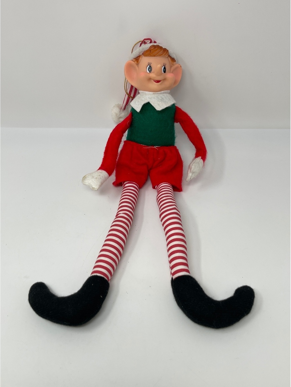 Vintage Christmas Pixie Elf Shelf Sitter Plush Doll Red Green Striped Long Legs